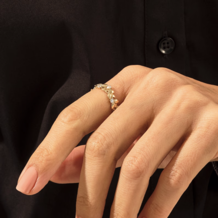 Natural Diamond Pave Leaf Ring | Solid Gold Vine Eternity Wedding Band | Dainty Ring