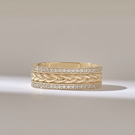 Pave Natural Diamond Matching Alliance | Braided Wheat Flat Top Marriage Band Women