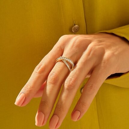 Ascending Pave Natural Diamond Crossover Ring Unique X Design, Solid Gold Statement Ring