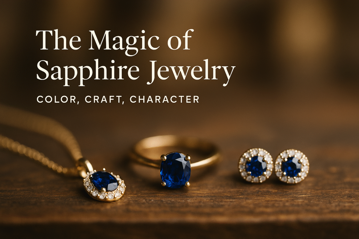 A collection of sapphire jewelry including a necklace, ring, and earrings displayed together.