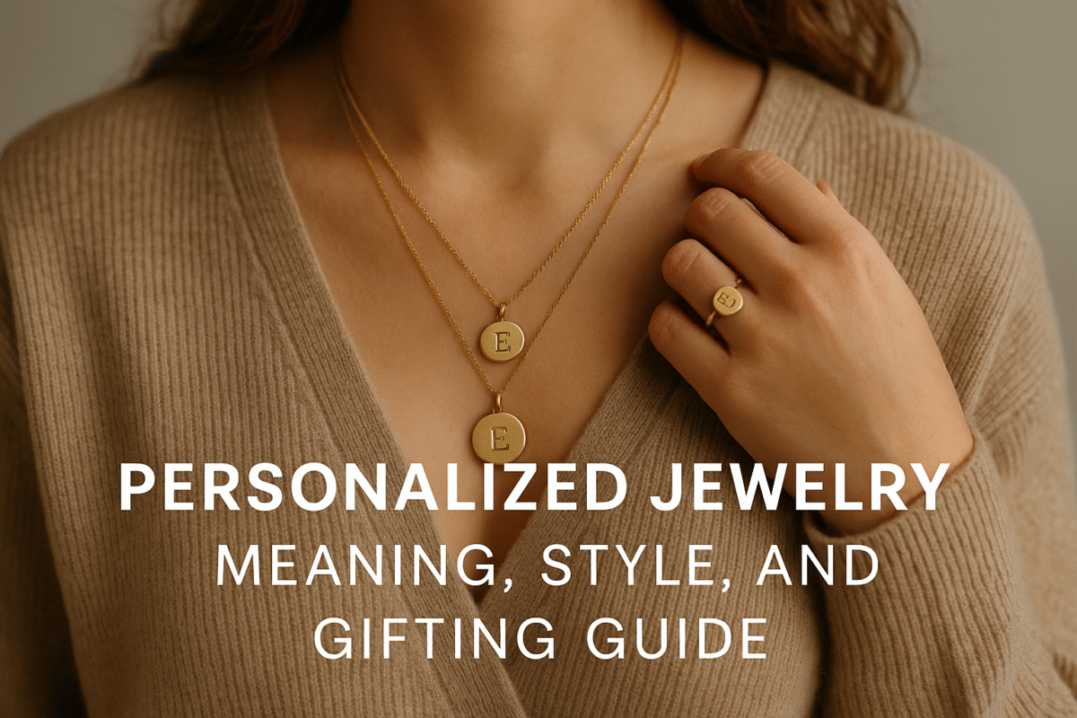 Close-up of layered gold necklaces and a ring with an engraved letter on a person's hand.