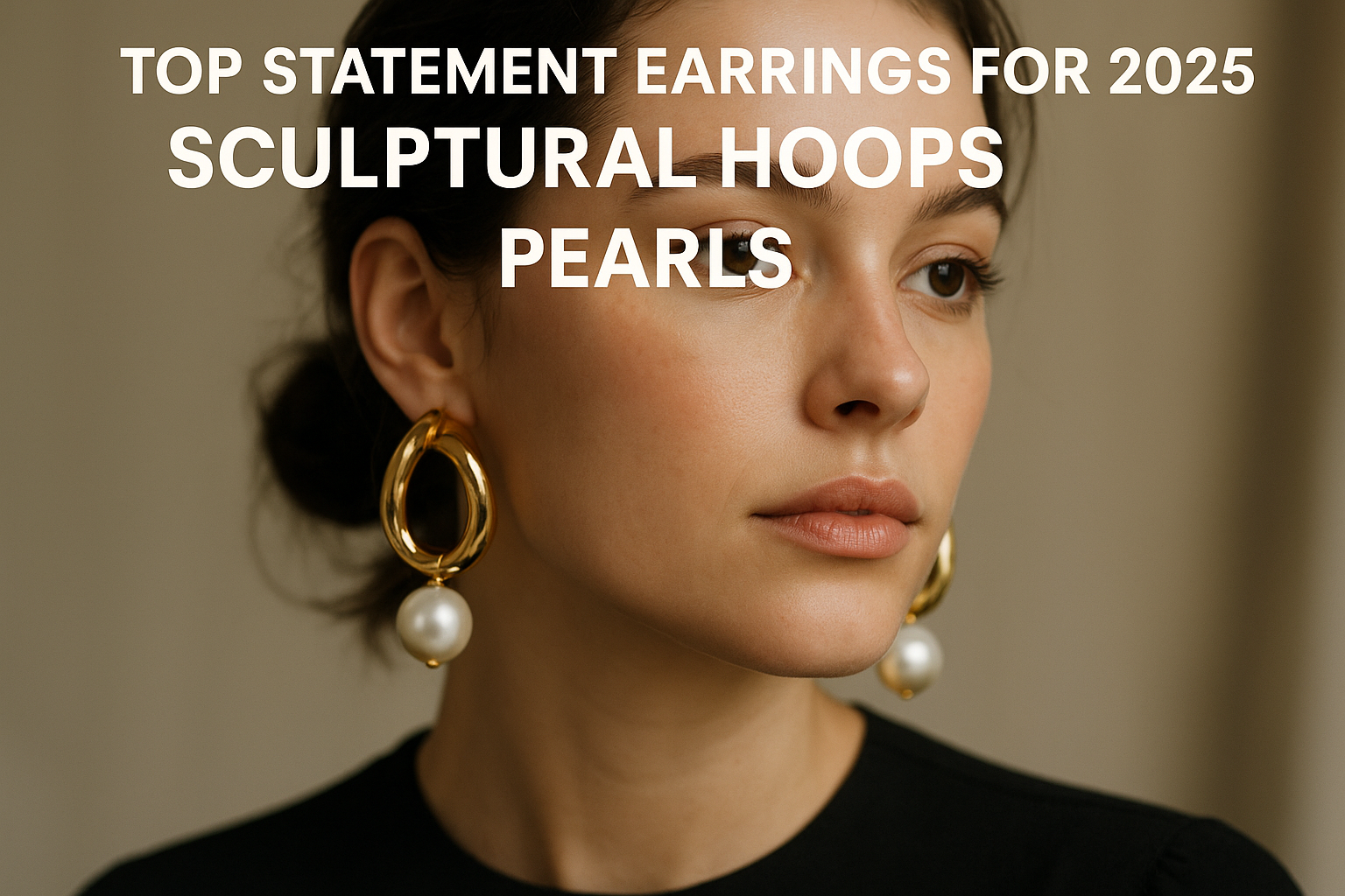 Woman wearing gold sculptural hoop earrings with pearls; top statement earrings for 2025.
