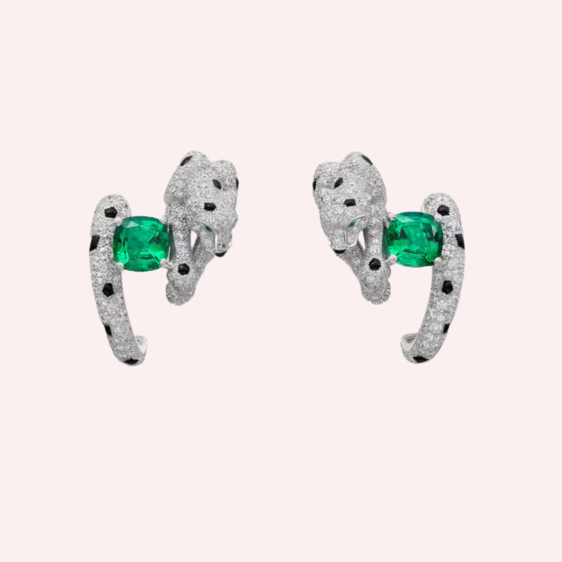 Pre-Owned Panthère de Cartier Pavé Earrings in White Gold with Cushion-Cut Emeralds, Diamonds, Onyx, and Emerald Accents
