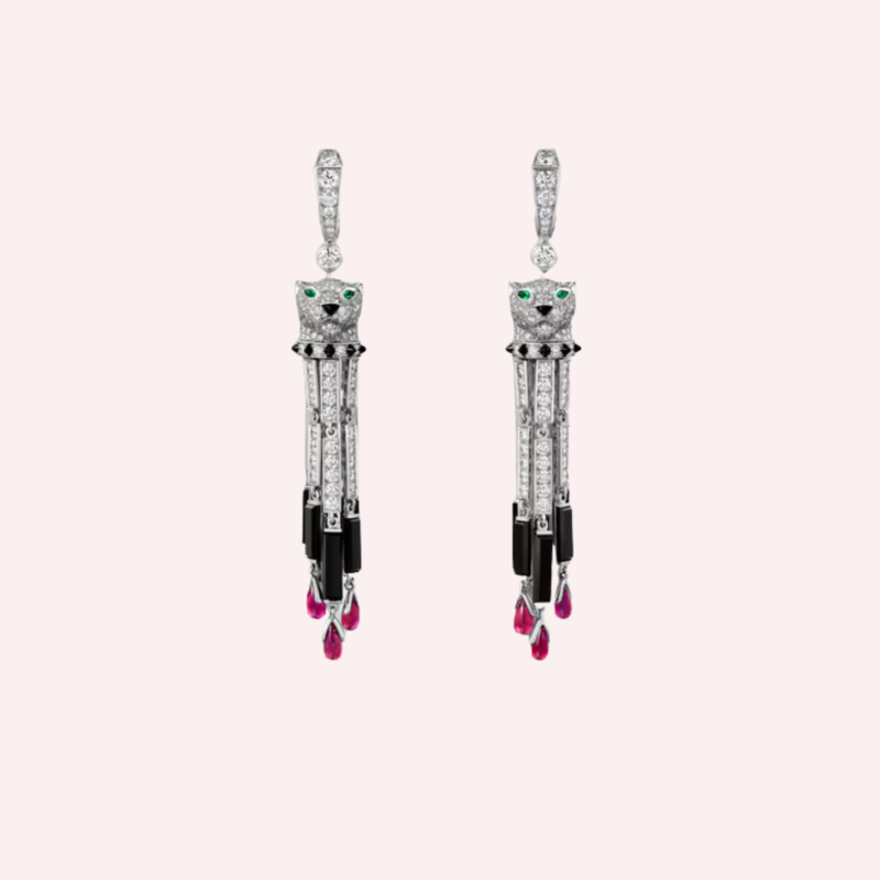 Pre-Owned Panthère de Cartier Pavé Earrings in White Gold with Rubies, Diamonds, Onyx, and Emeralds, Large Model