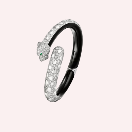 Pre-Owned Cartier Panthère de Cartier Pavé Bracelet in 18K White Gold with Diamonds, Emeralds, Onyx, and Black Lacquer