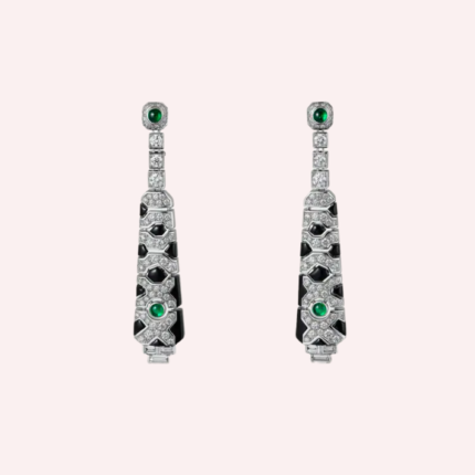 Pre-Owned Cartier Panthère de Cartier Sur Naturel Pavé Pendant Earrings in 18K White Gold with Diamonds, Emeralds, and Onyx
