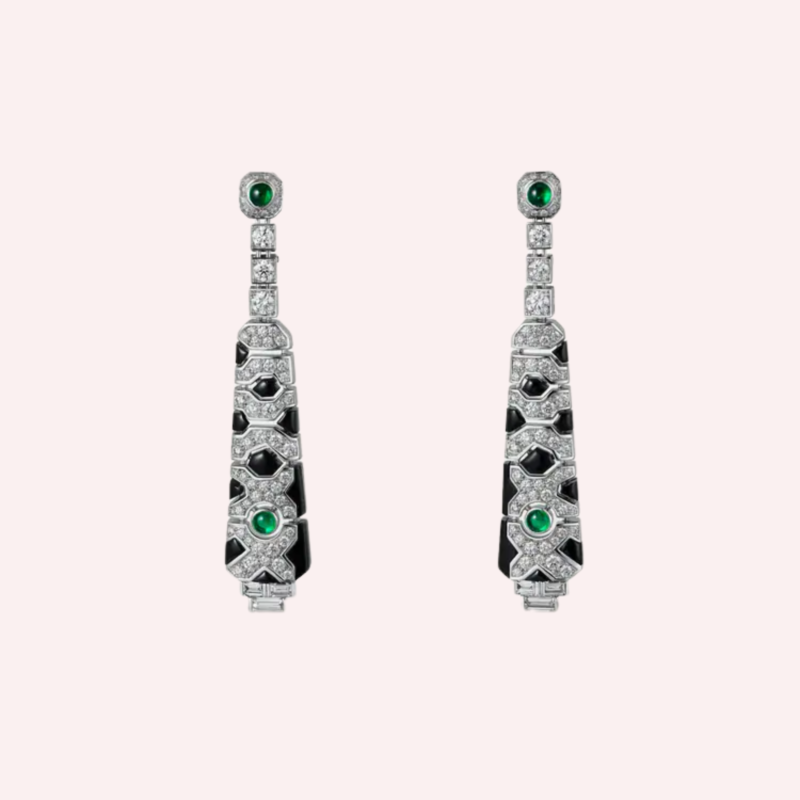 Pre-Owned Cartier Panthère de Cartier Sur Naturel Pavé Pendant Earrings in 18K White Gold with Diamonds, Emeralds, and Onyx