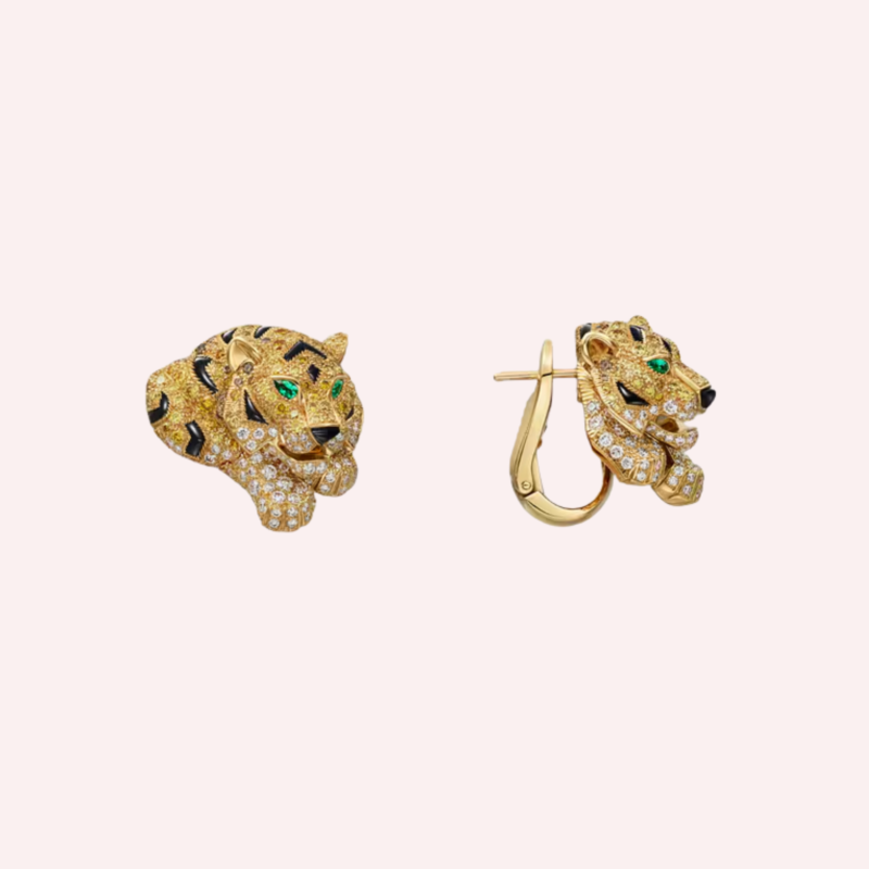Pre-Owned Cartier Faune et Flore Pavé Earrings in 18K Yellow Gold with Yellow, Orange, and Brown Diamonds, Emeralds, and Onyx