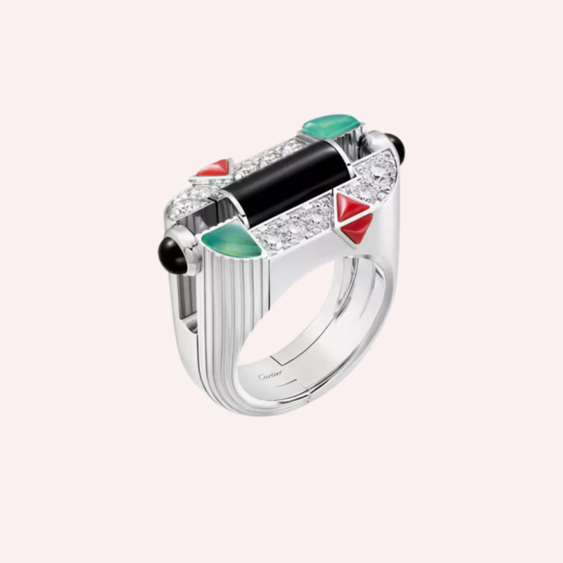 Pre-Owned Cartier Géométrie & Contrastes Chrysoprase Pavé Ring in 18K White Gold with Diamonds, Onyx, and Coral