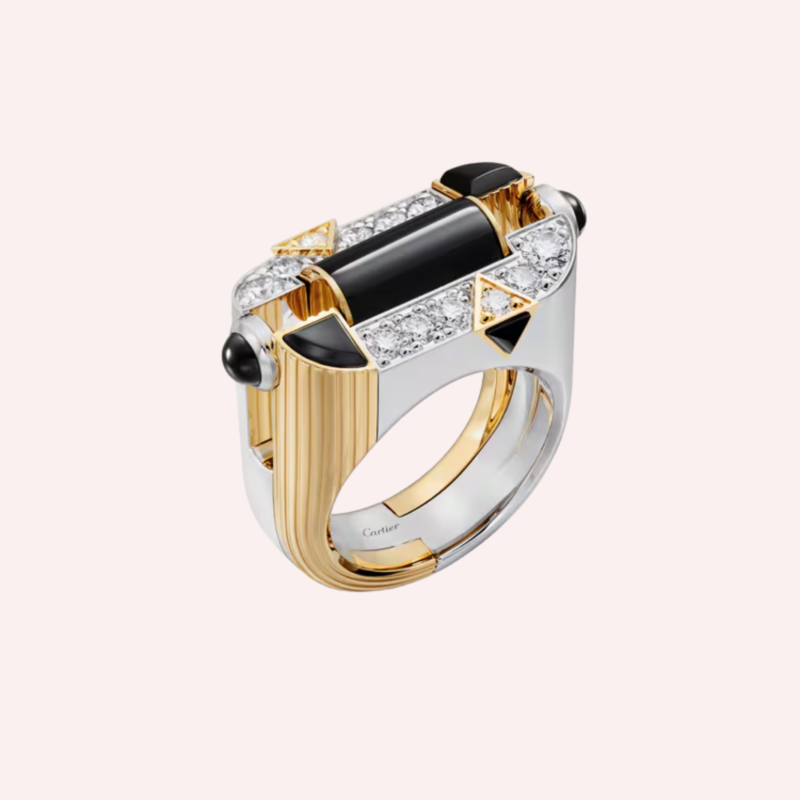 Pre-Owned Cartier Géométrie & Contrastes Onyx Pavé Ring in 18K White Gold and Yellow Gold with Diamonds
