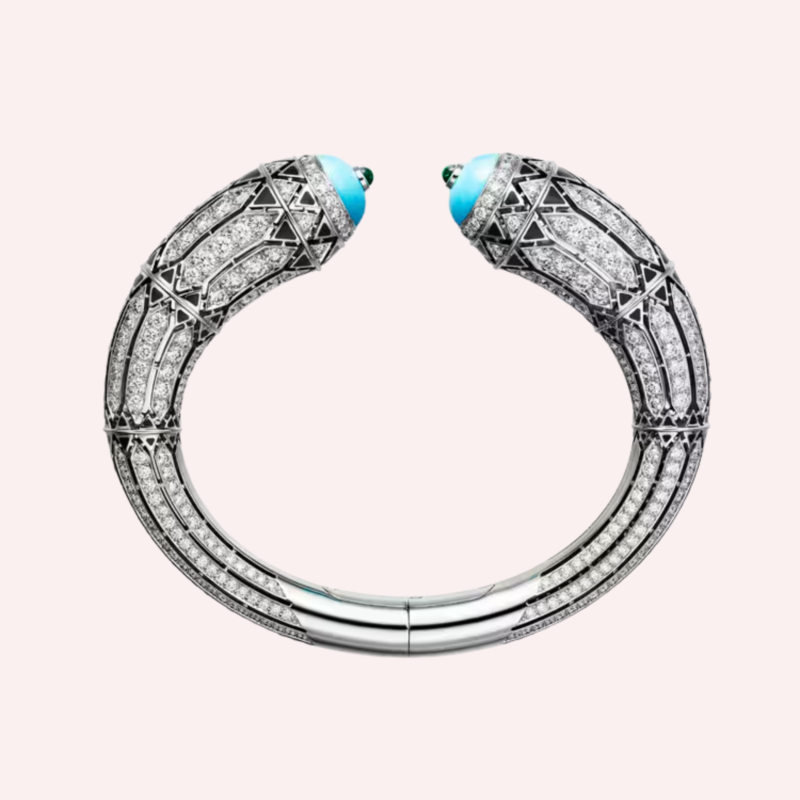Pre-Owned Cartier Géométrie & Contrastes Turquoise Pavé Bracelet in 18K White Gold with Diamonds, Emerald Cabochons, and Black Lacquer