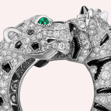 Pre-Owned Cartier Les Indomptables Pavé Ring in 18K White Gold with Diamonds, Emeralds, Onyx, and Moonstone