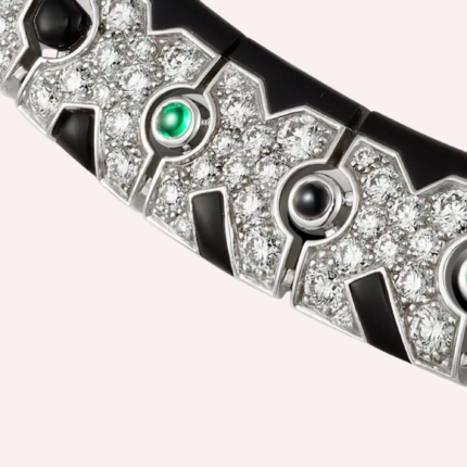 Pre-Owned Cartier Panthère de Cartier Sur Naturel Pavé Necklace in 18K White Gold with Cabochon-Cut Emeralds, Onyx, and Diamonds