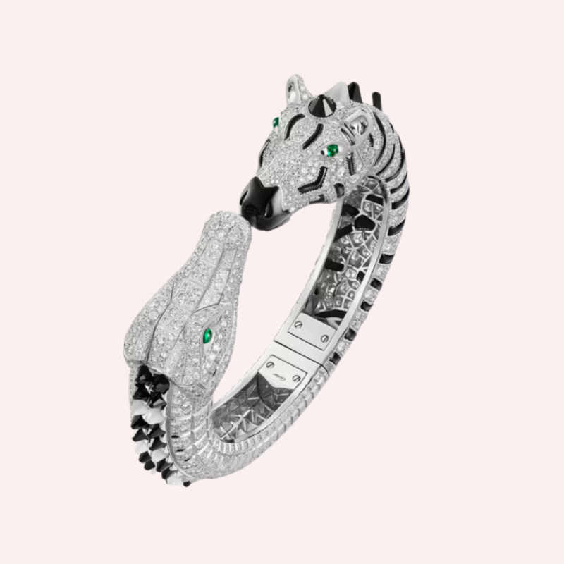 Pre-Owned Cartier Les Indomptables Zebra & Crocodile Bracelet in 18K White Gold with Diamonds, Emerald, and Onyx