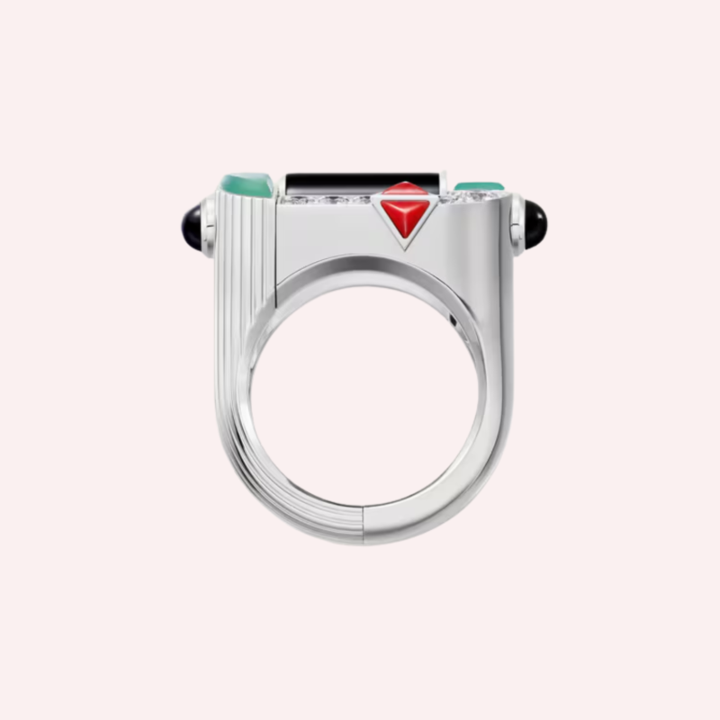 Pre-Owned Cartier Géométrie & Contrastes Chrysoprase Pavé Ring in 18K White Gold with Diamonds, Onyx, and Coral