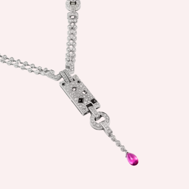 Pre-Owned Panthère de Cartier Pavé Necklace in White Gold with Diamonds, Onyx, and Rubellites