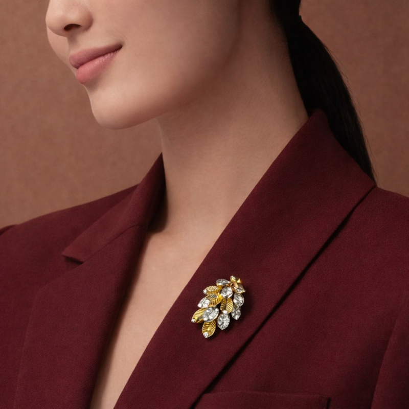 Pre-Owned Cartier Grain de Café Brooch in 18K Yellow Gold and Platinum with Diamonds