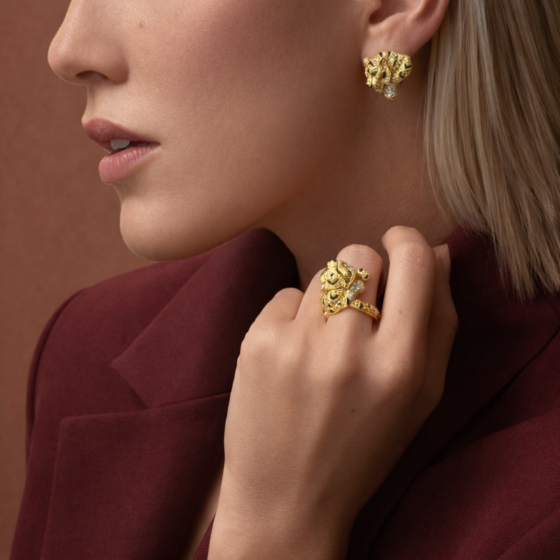 Pre-Owned Cartier Faune et Flore Pavé Earrings in 18K Yellow Gold with Yellow, Orange, and Brown Diamonds, Emeralds, and Onyx