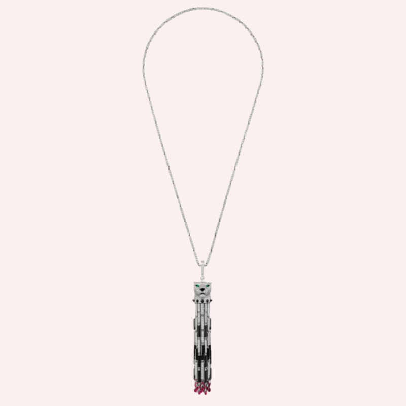 Pre-Owned Cartier Panthère de Cartier Long Multi-Wear Pavé Necklace, Large Model, in 18K White Gold with Diamonds, Rubies, Emeralds, and Onyx