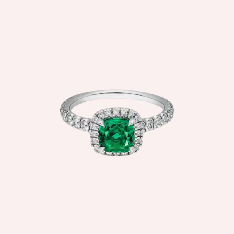 Pre-Owned Cartier Destinée Solitaire Cushion-Cut Emerald Pavé Ring in Platinum