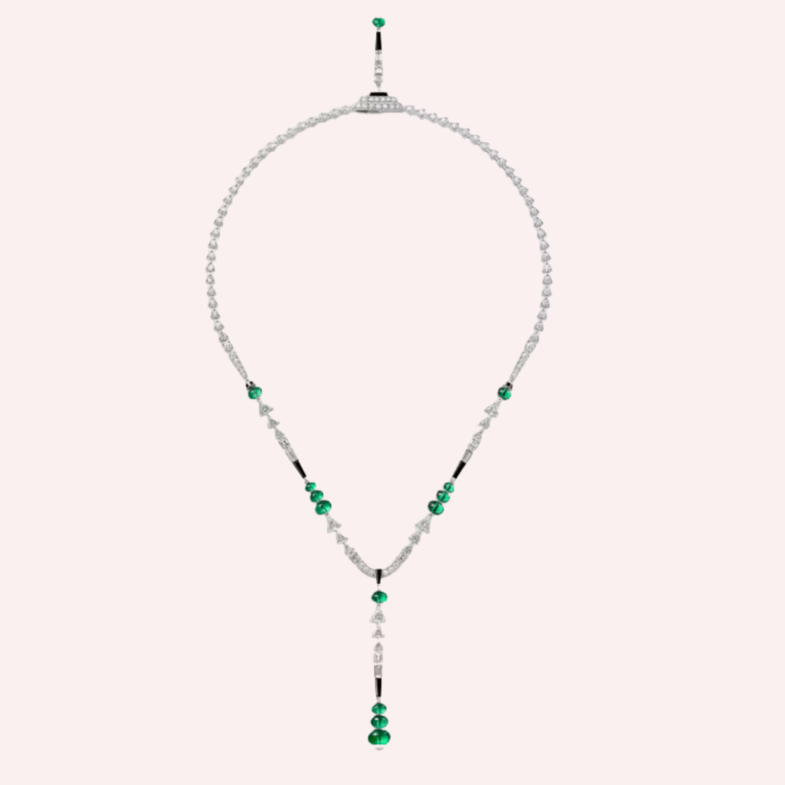 Pre-Owned Cartier En Équilibre Pavé Necklace in White Gold with Emeralds, Diamonds, and Onyx Pre-Owned Cartier En Équilibre Pavé Necklace in White Gold with Emeralds, Diamonds, and Onyx
