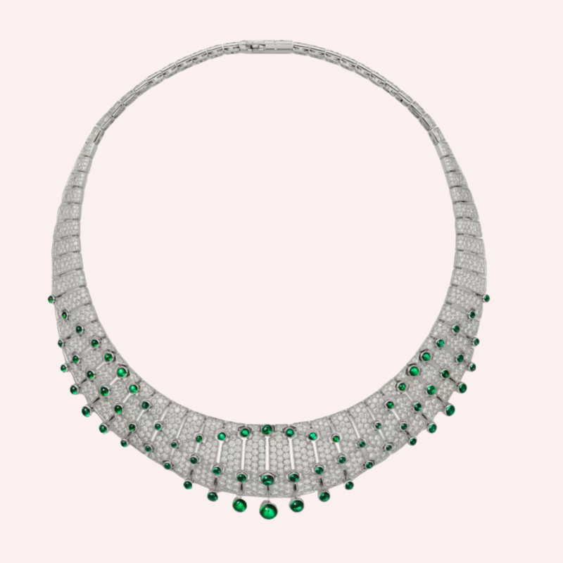 Pre-Owned Cartier Le Voyage Recommencé Pavé Necklace in White Gold with Cabochon-Cut Emeralds and