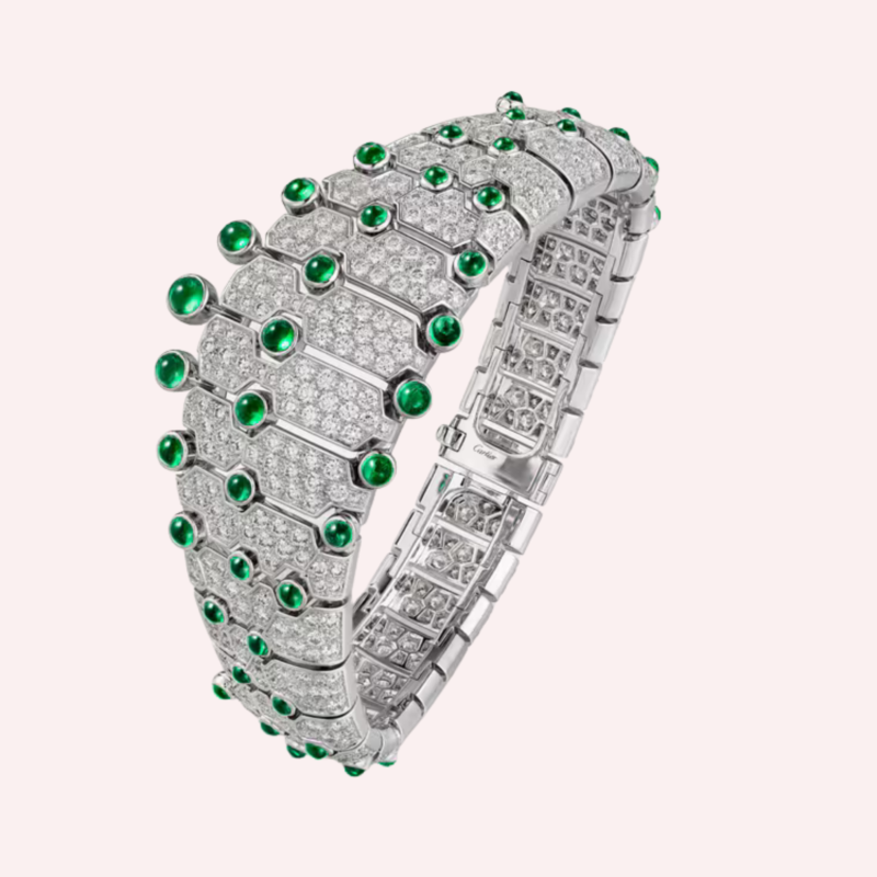 Pre-Owned Cartier Le Voyage Recommencé Pavé Bracelet in White Gold with Cabochon-Cut Emeralds and Diamonds