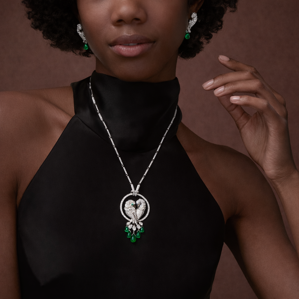 Pre-Owned Cartier Faune et Flore de Cartier “Les Oiseaux Libérés” Emerald Drop Pavé Earrings Pre-Owned Cartier Faune et Flore de Cartier “Les Oiseaux Libérés” Emerald Drop Pavé Earrings
