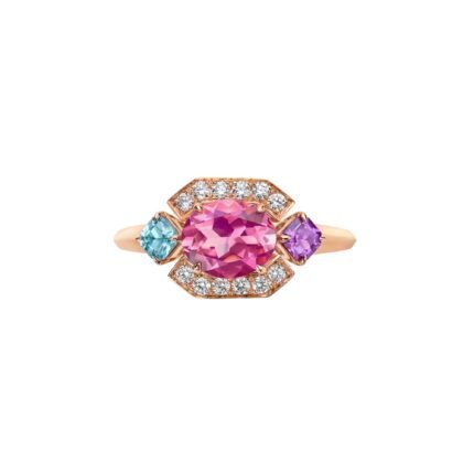 Pre-Owned Bvlgari Allegra Ring in 18K Rose Gold Set with Pink Tourmaline, Amethyst, Blue Topaz and Pavé Diamonds