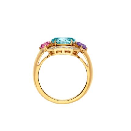 Pre-Owned Bvlgari Allegra Ring in 18K Yellow Gold Set with Aquamarine, Amethyst, Pink Tourmaline and Pavé Diamonds