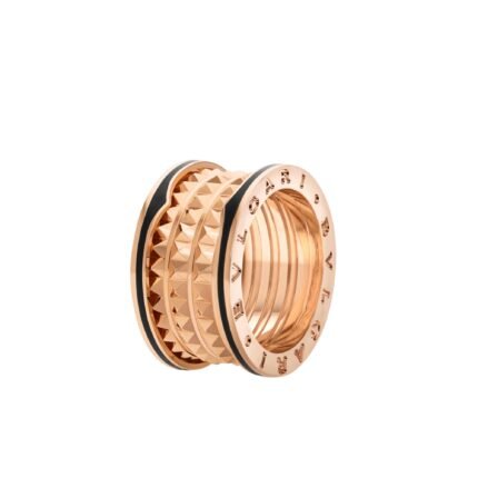 Pre-Owned Bvlgari B.zero1 Rock Four-Band Ring in 18K Rose Gold with Studded Spiral and Black Ceramic Inserts