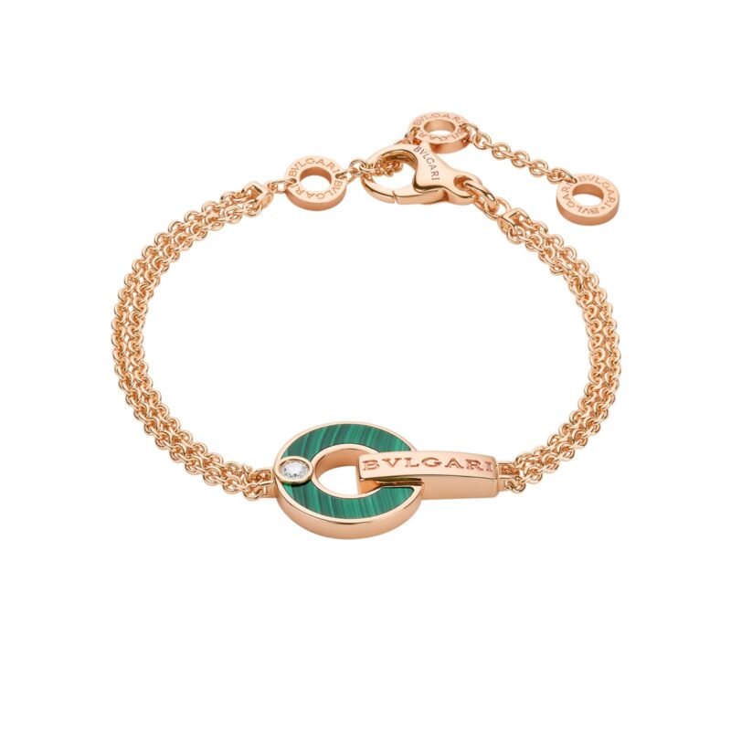 Pre-Owned Bvlgari Bvlgari openwork 18K rose gold bracelet with malachite and diamond. Roman-inspired design.