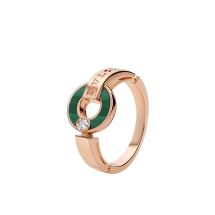 Pre-Owned Bvlgari Bvlgari Openwork Ring in 18K Rose Gold Set with Malachite Elements and a Round Brilliant-Cut Diamond