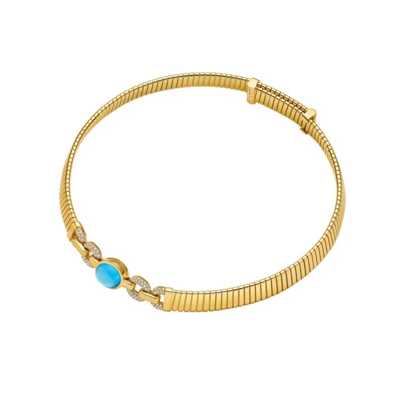 Pre-Owned Bvlgari Bvlgari Tubogas 18K Yellow Gold Blue Topaz and Pavé Diamond Necklace