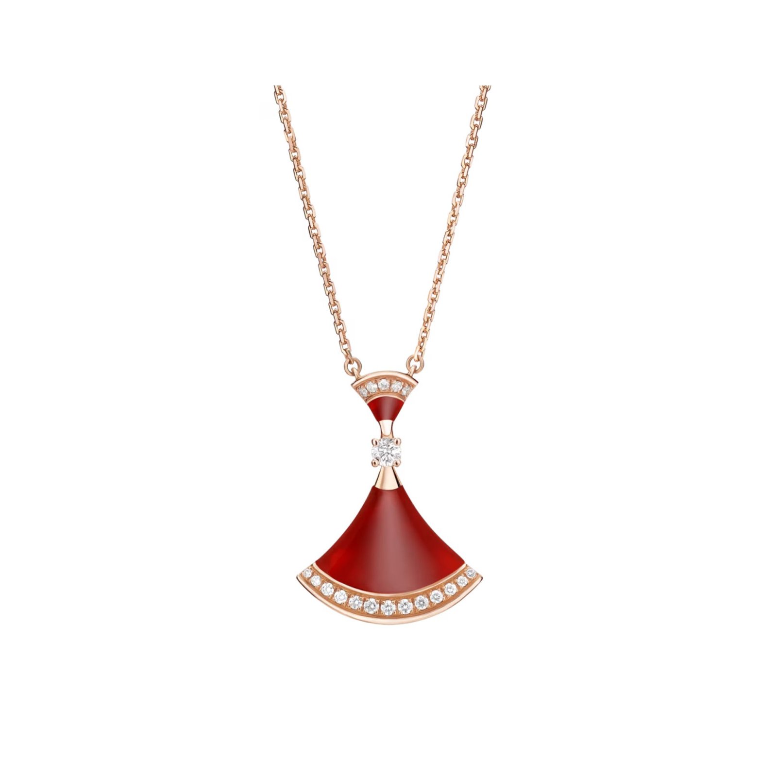 Pre-Owned Bvlgari Divas’ Dream 18K Rose Gold Carnelian and Diamond Necklac Pre-Owned Bvlgari Divas’ Dream 18K Rose Gold Carnelian and Diamond Necklace