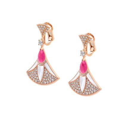 Pre-Owned Bvlgari Divas' Dream 18K Rose Gold Earrings with Pear-Shaped Rubellites, Mother-of-Pearl Elements and Pavé Diamonds