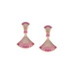 Pre-Owned Bvlgari Divas' Dream 18K Rose Gold Earrings with Round Brilliant-Cut Pink Sapphires, Rubies, and Pavé Diamonds - Image 3
