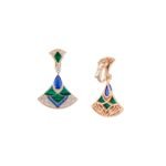 Pre-Owned Bvlgari Divas' Dream 18K Rose Gold Earrings with Round Diamonds, Pear-Shaped Tanzanites, Fancy-Cut Blue Sapphires, Malachite Elements and Pavé Diamonds - Image 2