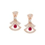 Pre-Owned Bvlgari Divas' Dream 18K Rose Gold Openwork Earrings with Pear-Shaped Rubies, Round Brilliant-Cut and Pavé Diamonds