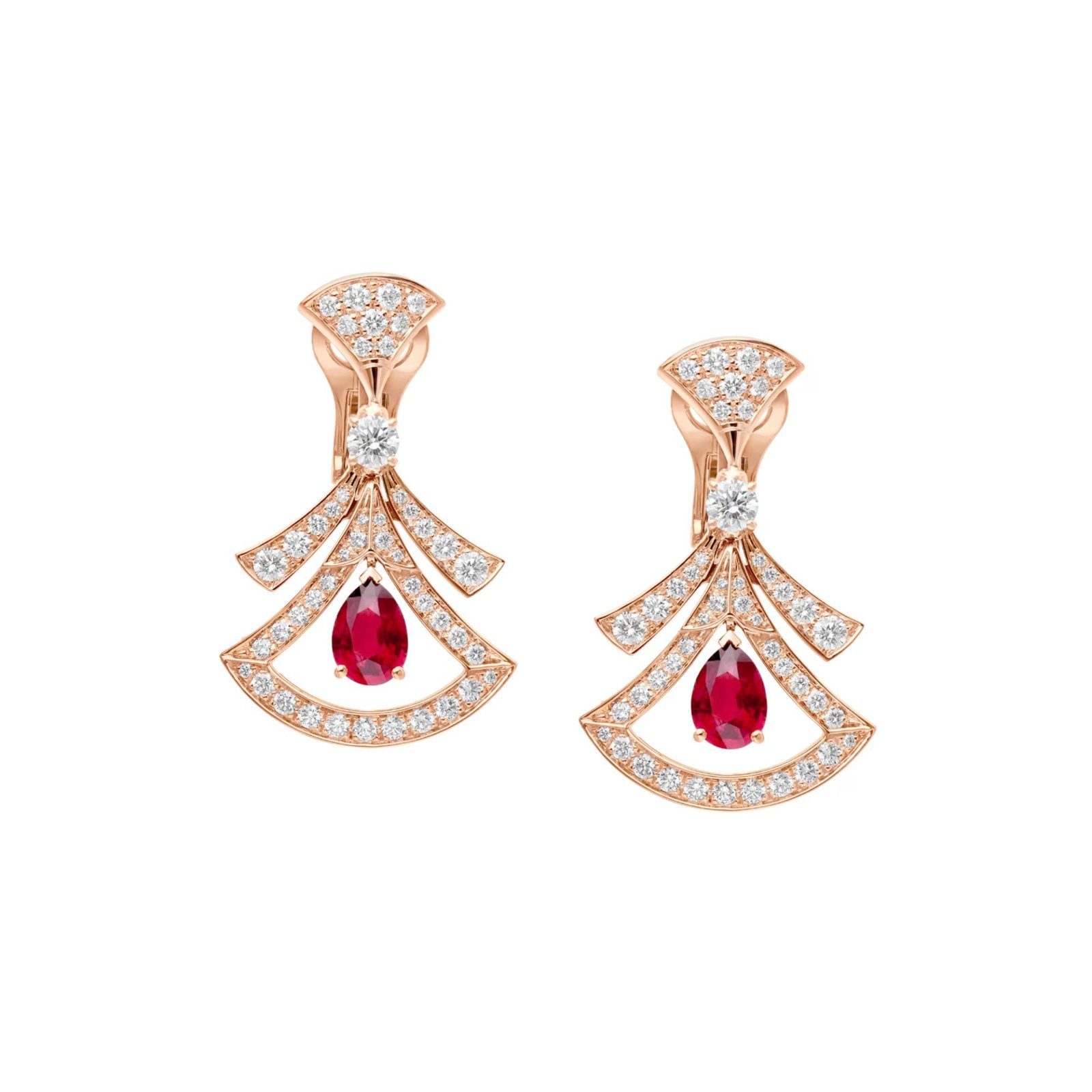 Pre-Owned Bvlgari Divas' Dream 18K Rose Gold Openwork Earrings with Pear-Shaped Rubies, Round Brilliant-Cut and Pavé Diamonds (1) Pre-Owned Bvlgari Divas' Dream 18K Rose Gold Openwork Earrings with Pear-Shaped Rubies, Round Brilliant-Cut and Pavé Diamonds
