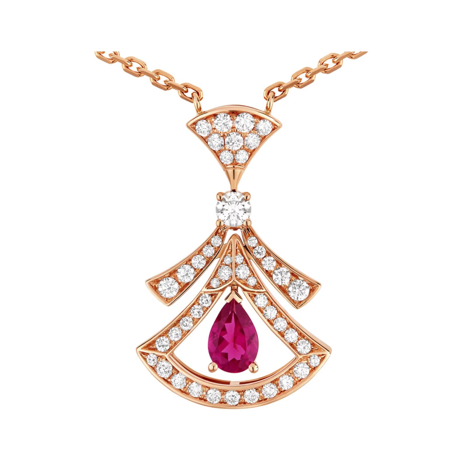 Pre-Owned Bvlgari Divas’ Dream 18K Rose Gold Rubellite and Diamond Necklace (2) Pre-Owned Bvlgari Divas’ Dream 18K rose gold necklace with pear-shaped rubellite and pavé diamonds