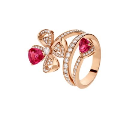 Pre-Owned Bvlgari Fiorever Ring in 18K Rose Gold Set with a Brilliant-Cut Diamond, Fancy-Cut and Pear-Shaped Rubellite, and Pavé Diamonds