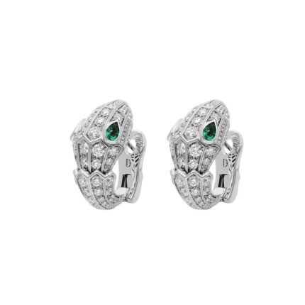 Pre-Owned Bvlgari Serpenti 18K White Gold Earrings with Emerald Eyes and Full Pavé Diamonds