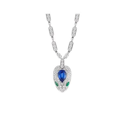Pre-Owned Bvlgari Serpenti 18K White Gold Emerald, Blue Sapphire and Pavé Diamond Pendant Necklace