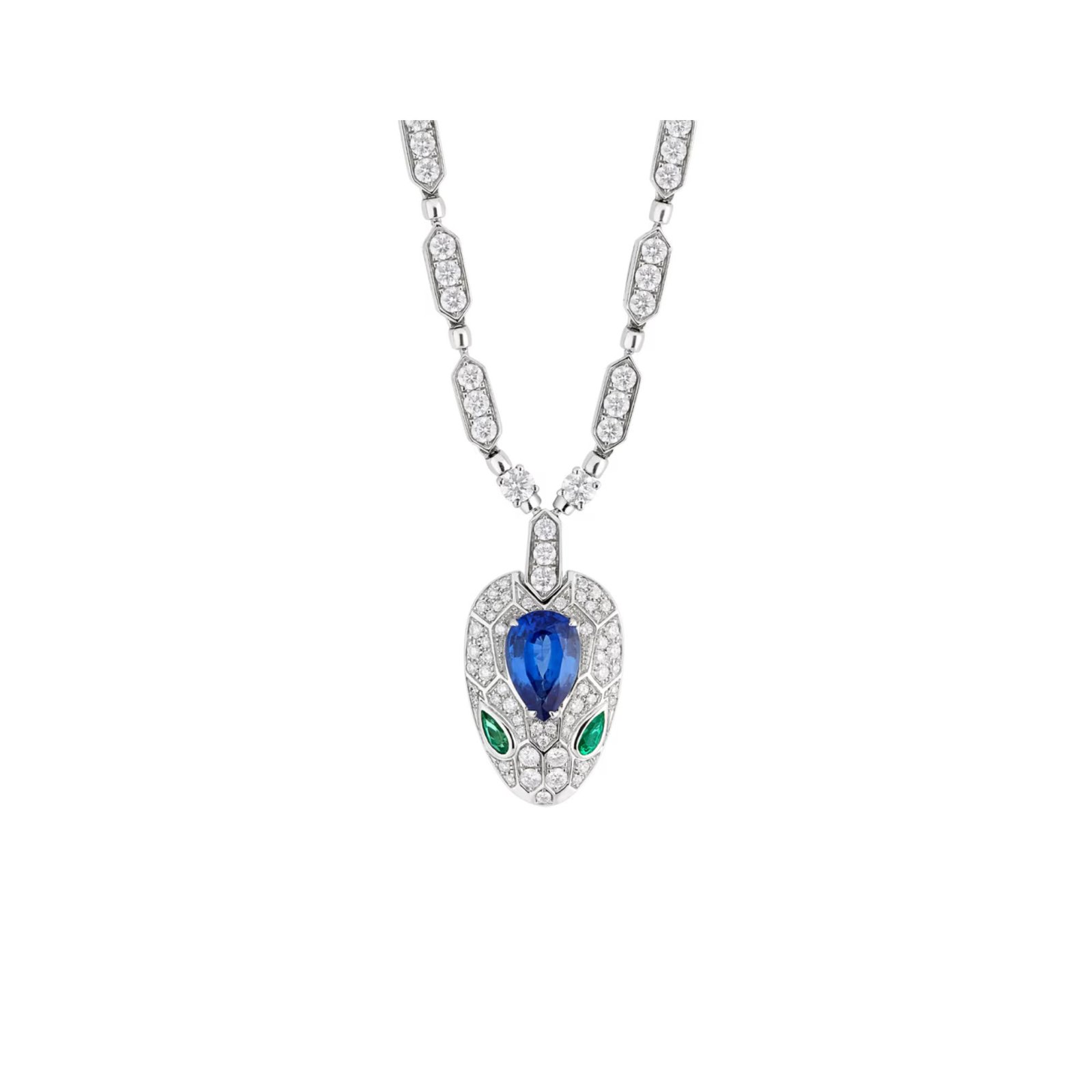 Pre-Owned Bvlgari Serpenti 18K White Gold Emerald, Blue Sapphire and Pavé Diamond Pendant Necklace Pre-Owned Bvlgari Serpenti 18K White Gold Emerald, Blue Sapphire and Pavé Diamond Pendant Necklace