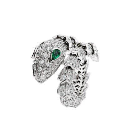 Pre-Owned Bvlgari Serpenti Ring in 18K White Gold Set with Emerald Eyes and Full Pavé Diamonds