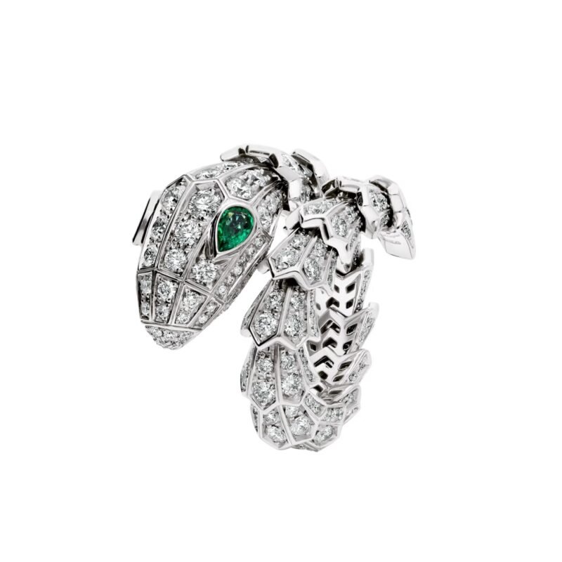Pre-Owned Bvlgari Serpenti Ring in 18K White Gold Set with Emerald Eyes and Full Pavé Diamonds