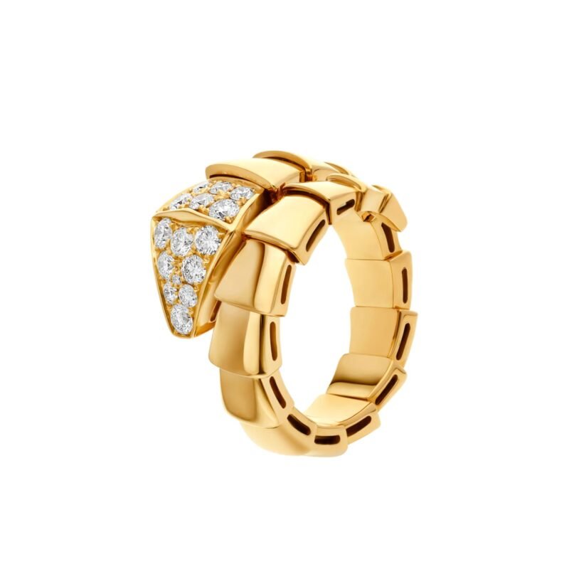 Pre-Owned Bvlgari Serpenti Scaglie One-Coil Ring in 18K Yellow Gold Set with Pavé Diamonds on the Head