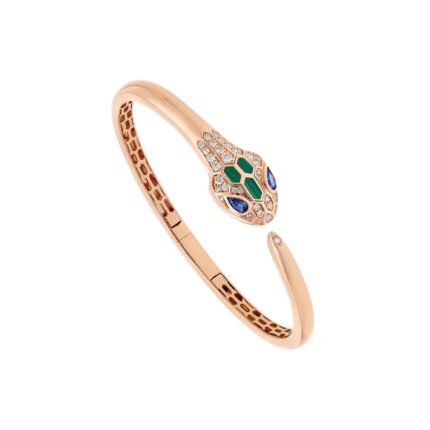 Pre-Owned Bvlgari Serpenti Seduttori 18K Rose Gold Blue Sapphire, Malachite and Pavé Diamond Bangle Bracelet