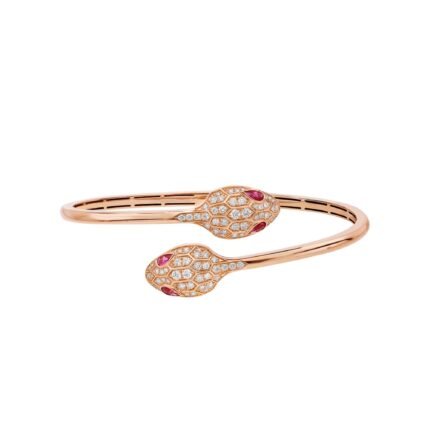 Pre-Owned Bvlgari Serpenti Seduttori 18K Rose Gold Rubellite and Pavé Diamond Bangle Bracelet